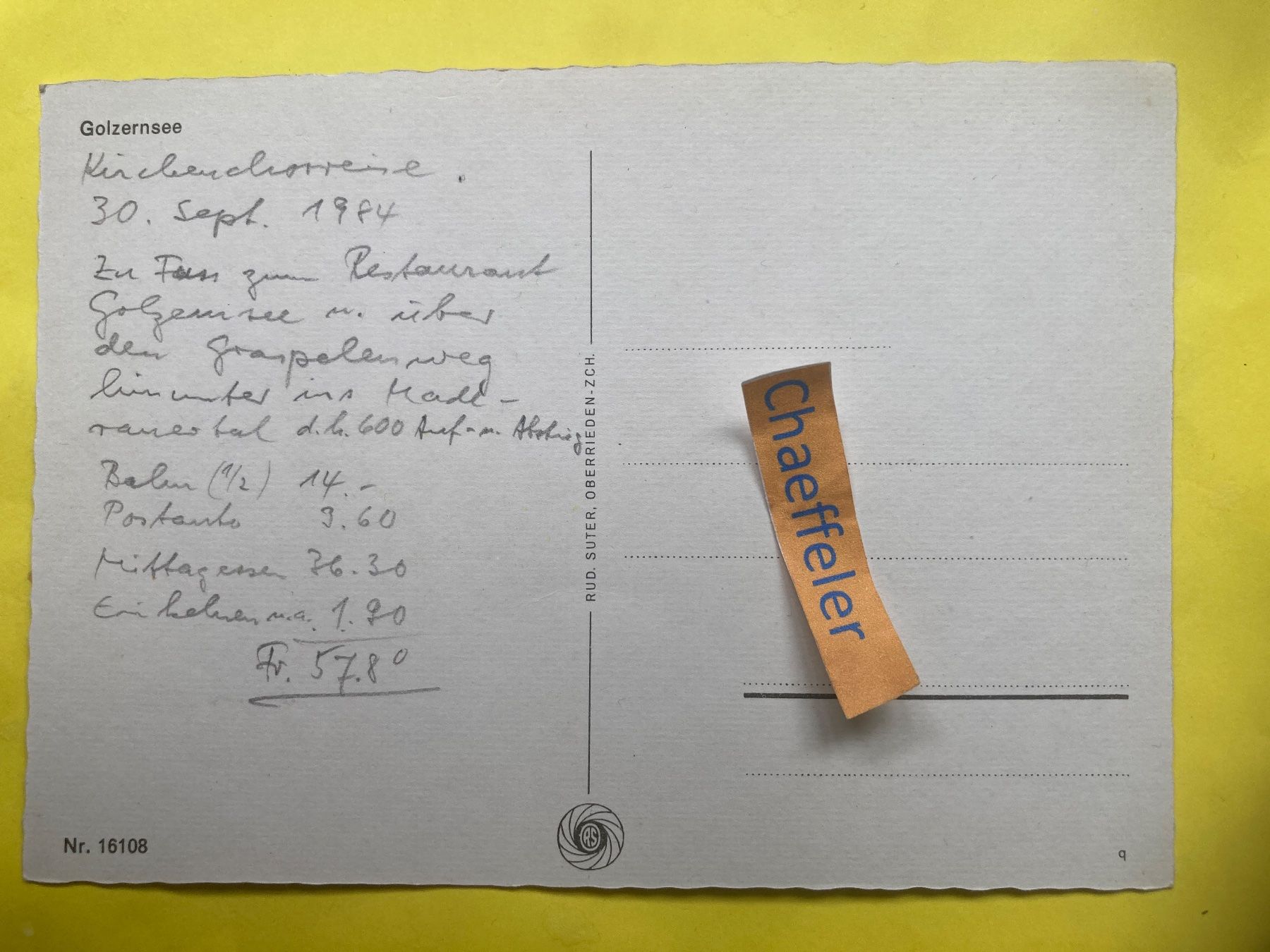 Cartoline postali: 1984 Golzersee – Usato da Zürich venduto da Chaeffeler 1