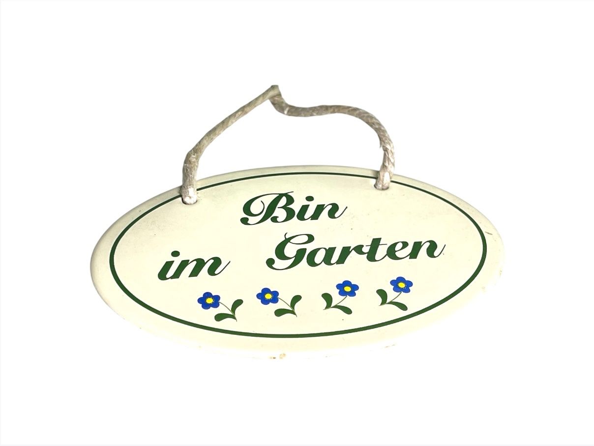 Insegne: Emaile Gartenschild "Bin im Garten" oval Creme mit Blumen – Usato da Luzern venduto da woti-shop 2