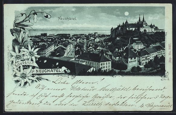 Ansichtskarten: Mondschein-Lithographie Neuchatel, Ortsa – Gebraucht aus Berlin von bartko-reher
