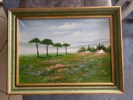 Gemälde Landschaft mit Haus und Bäumen signiert 2003 Öl