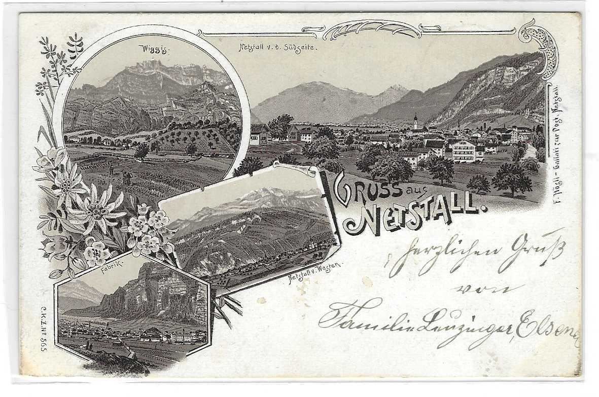 Cartoline postali: 5.X.1897 Litho/4-Bild Gruss aus Netstall – Usato da Zürich venduto da Hagliweg 2