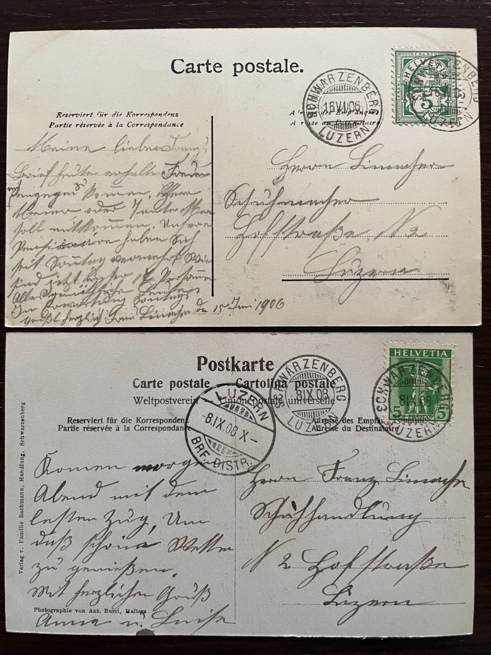 Ansichtskarten: SCHWARZENBERG LU Kurort, 5 Ansichtskarten 1906 - 1909 – Gebraucht aus Wald ZH von TLILEF 4