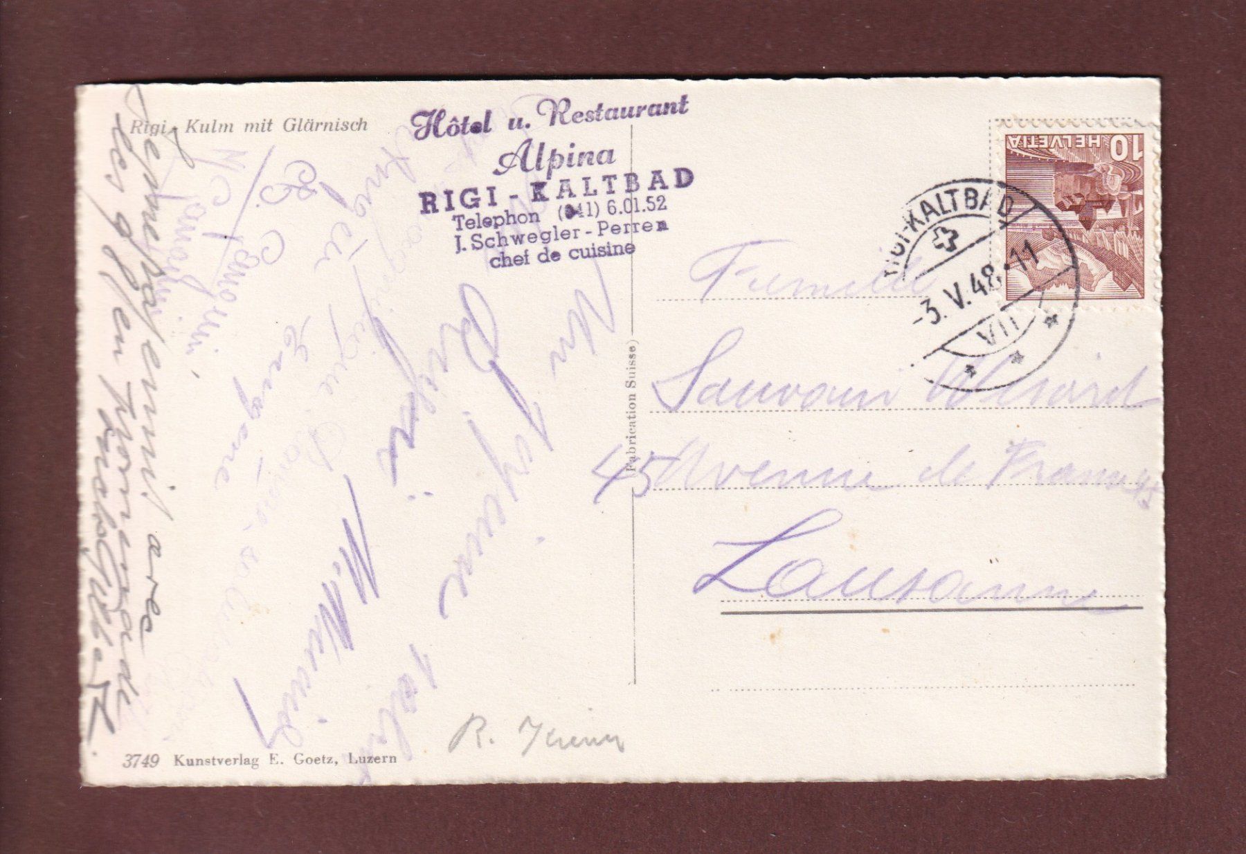 Cartoline postali: RIGI-KULM - Glärnisch - 1948 – Usato da Pully venduto da nicecards 1