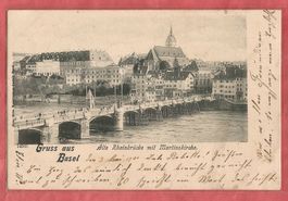 Gruss aus Basel - Alte Rheinbrücke mit Tram - 1901