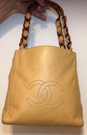 Chanel Vintage Tasche Lammleder beige Schildpatt Kette mit E