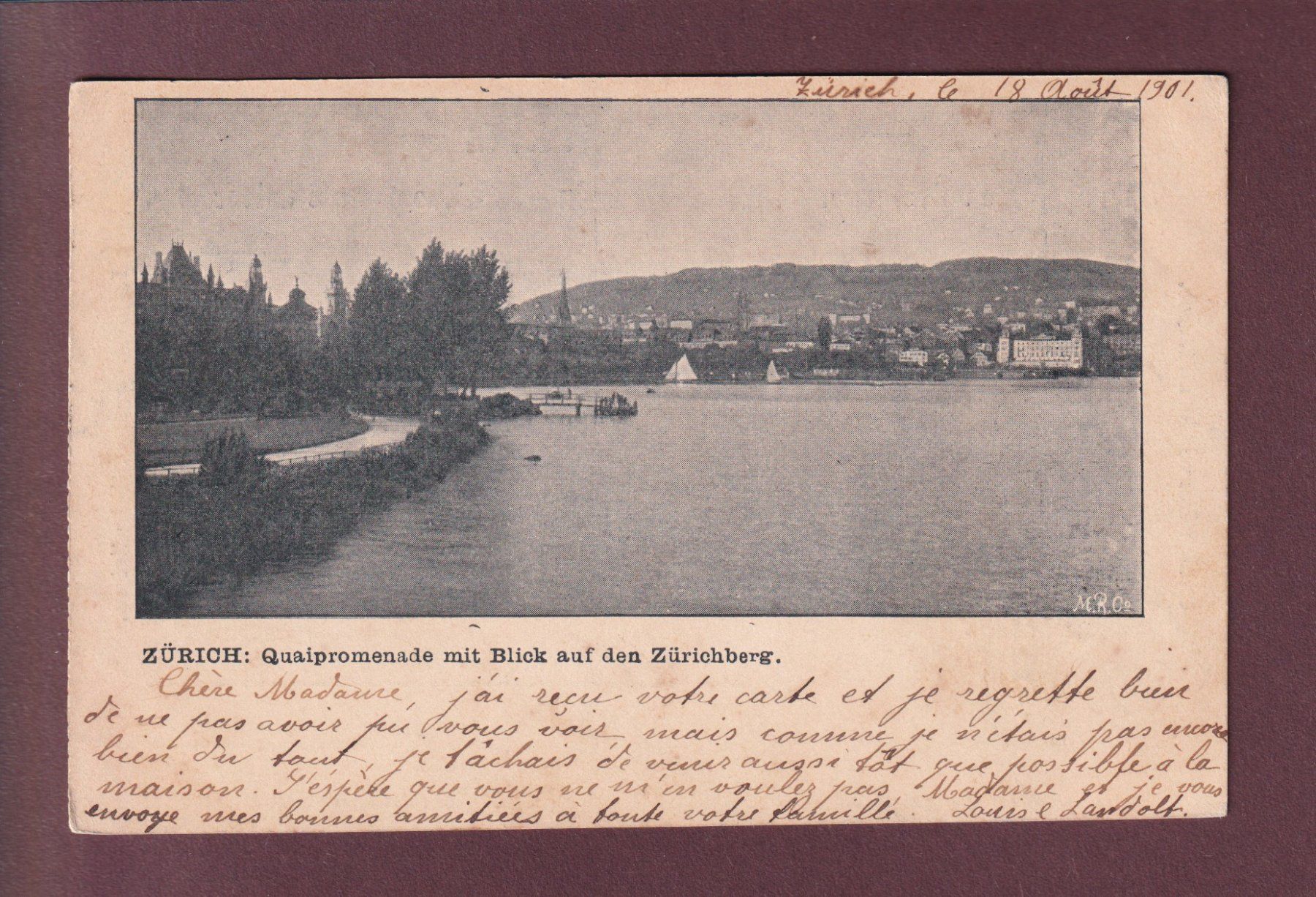 Cartoline postali: ZÜRICH - Quaipromenade - 1901 – Usato da Pully venduto da nicecards