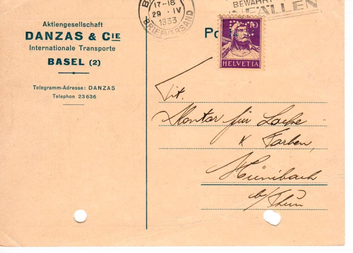 Tutti i francobolli: PK, Danzas Basel - Perfin 1933 – Usato da Wolhusen venduto da Curver9