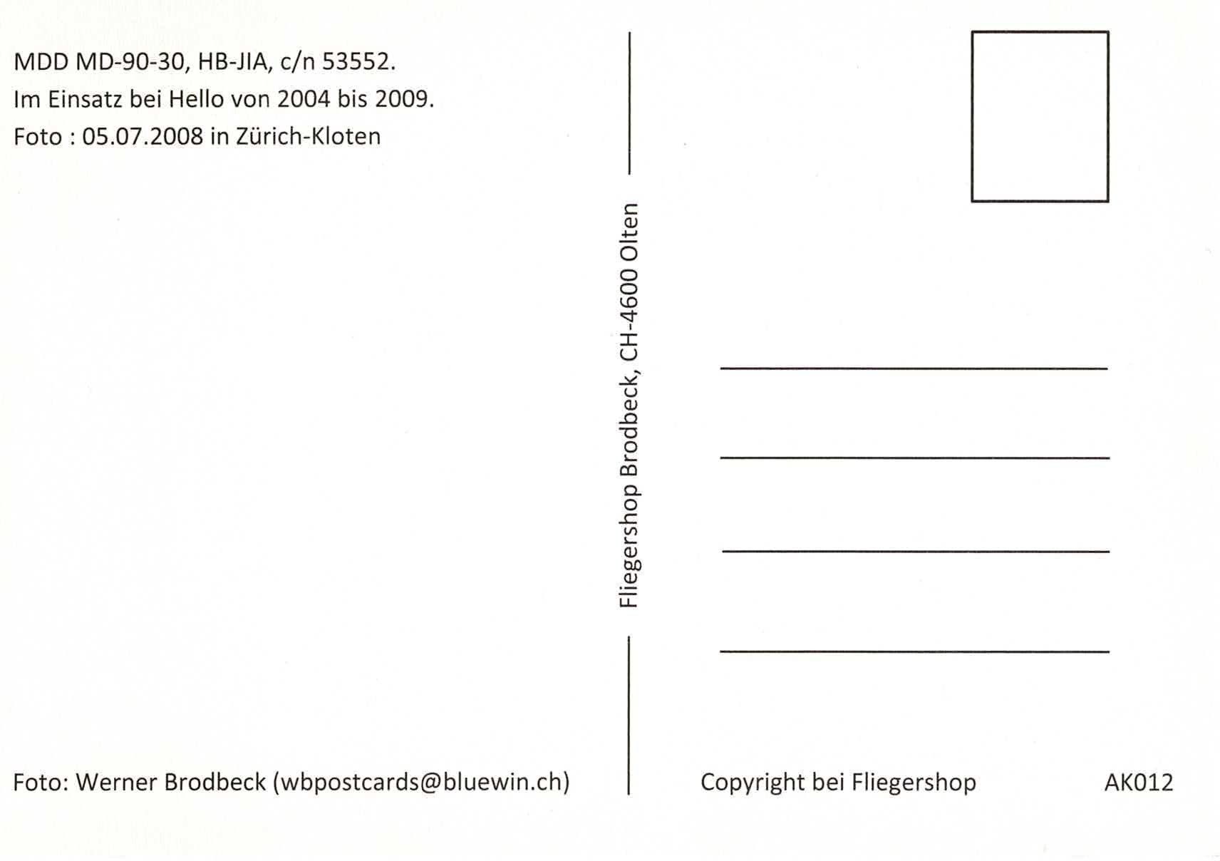 Cartoline postali: Ansichtskarte Nr.11 Hello MD-90 HB-JIA – Nuovo (secondo la descrizione) da Basel venduto da Dogana 1