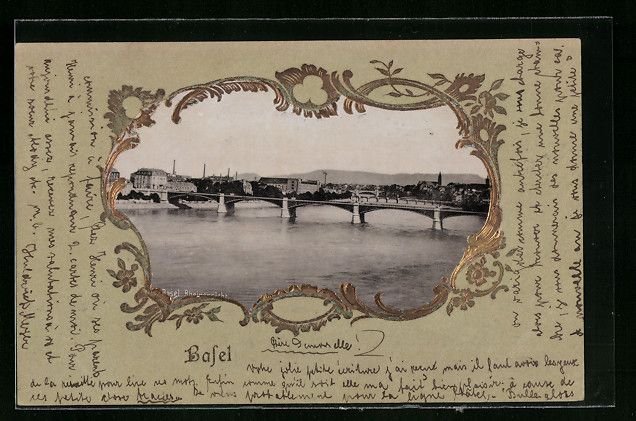 Cartoline postali: AK Basel, Rheinansicht mit Brücke – Usato da Berlin venduto da bartko-reher