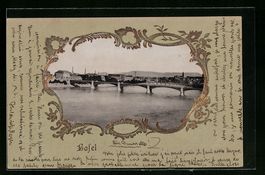 AK Basel, Rheinansicht mit Brücke