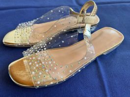 Sandalen transparent mit Steinen goldfarben 38- NEU