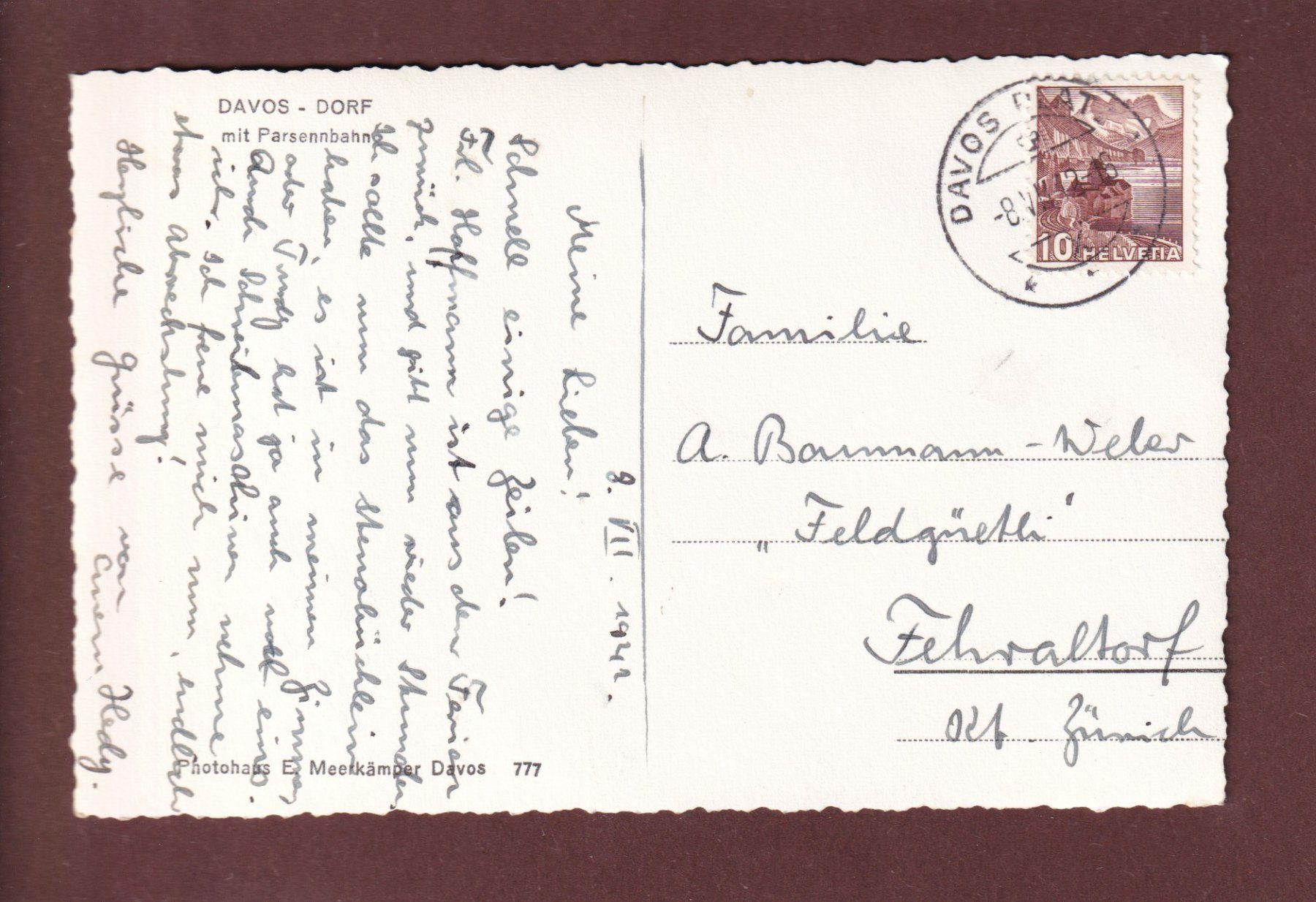 Cartoline postali: DAVOS-DORF - Parsennbahn - 1942 – Usato da Pully venduto da nicecards 1