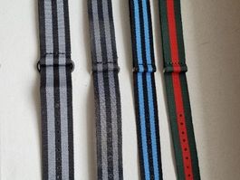 Vier NATO Armbänder für Armbanduhren, diverse Farben
