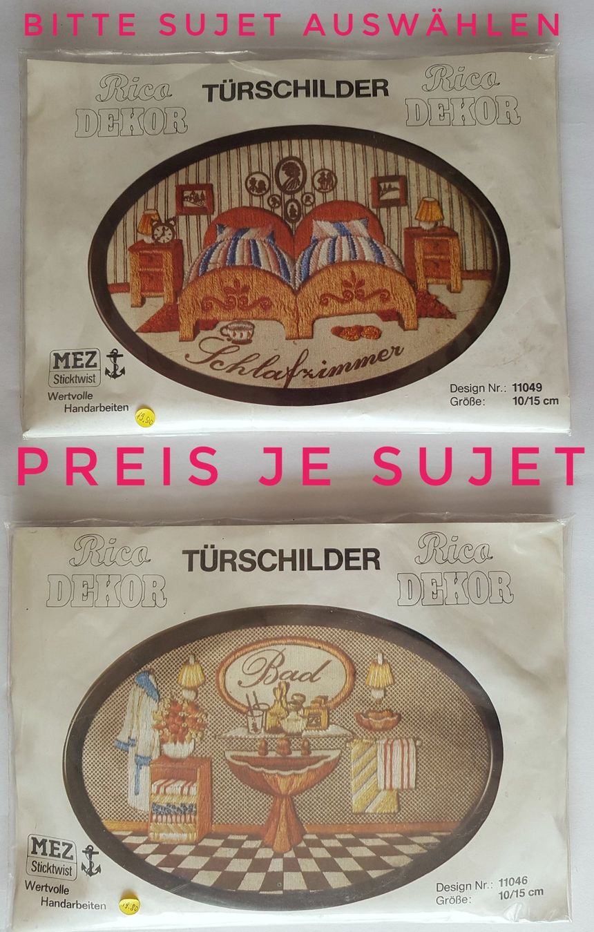 Bastelsets: Türschild zum Sticken "Badzimmer" oder "Schlafzimmer" / NEU – Neu und originalverpackt aus Dürrenäsch von Bastelnde