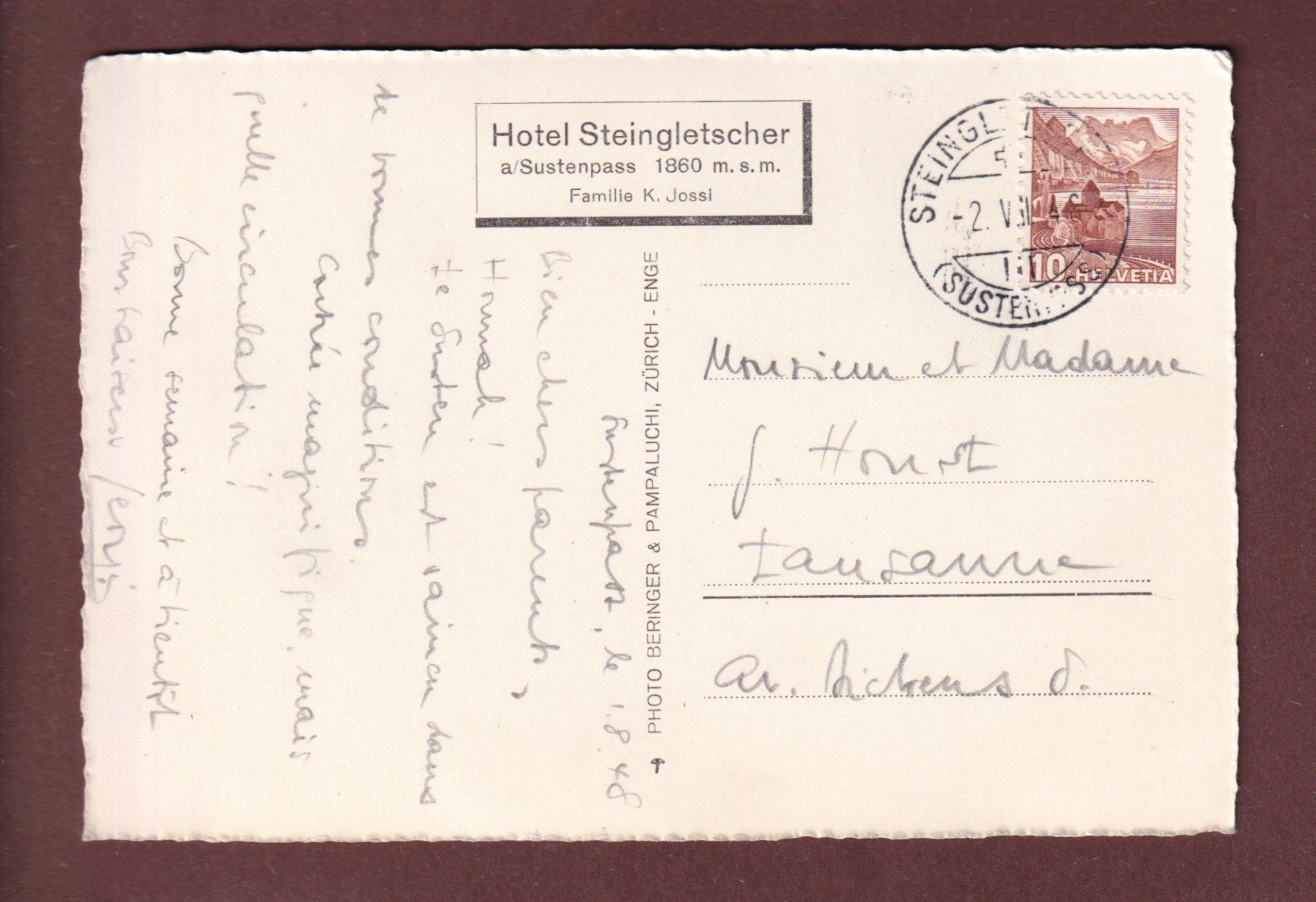 Cartoline postali: SUSTENSTRASSE - Hotel Steingletscher - 1948 – Usato da Pully venduto da nicecards-shop 1