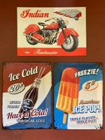 3 Blechschilder geprägt, Indian Motorcycle Cola Ice Pop USA