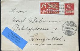 Schweiz Luftpostbrief Zürich 1927 Mit Flugpost 15+20 Rp