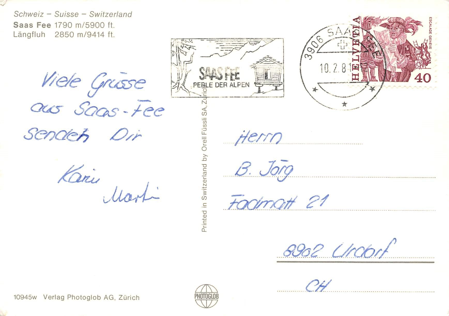 Cartoline postali: Saas Fee, Längfluh, Fee-Chatz – Usato da Ottikon b.Kemptth. venduto da Neptun1974 1