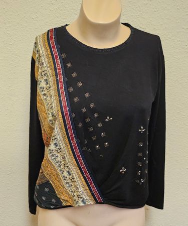 Desigual Damen Langarmshirt Schwarz Gr. M Ethno Muster Stras