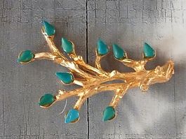 Vintage Brosche Gold-Zweig mit 10 Türkis-Tropfen 6x4 cm