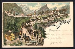 Litho Alpfahrt, Abtrieb von Rindern vers