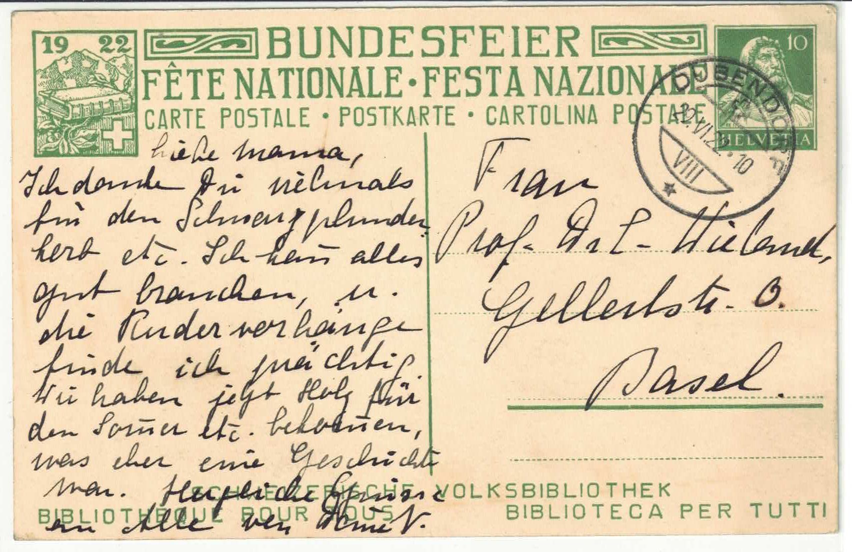 Tutti i francobolli: Bundesfeier 1922 - Vater mit Sohn – Usato da Ettingen venduto da Kartenplanet 1