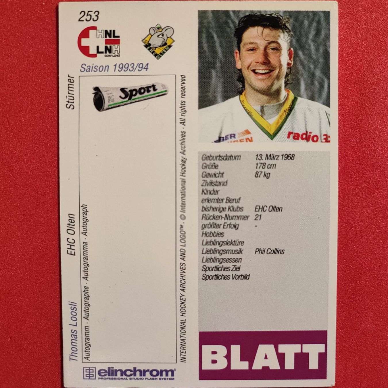 Carte collezionabili: Thomas Loosli - EHC OLTEN - 1993/94 – Usato da Dübendorf venduto da kb86_MOVIE 1
