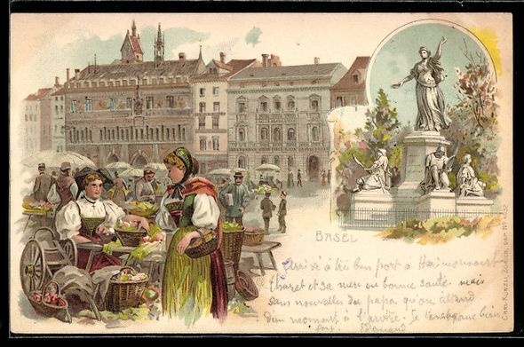 Ansichtskarten: Litho Basel, Marktszene mit Marktstände – Gebraucht aus Berlin von bartko-reher