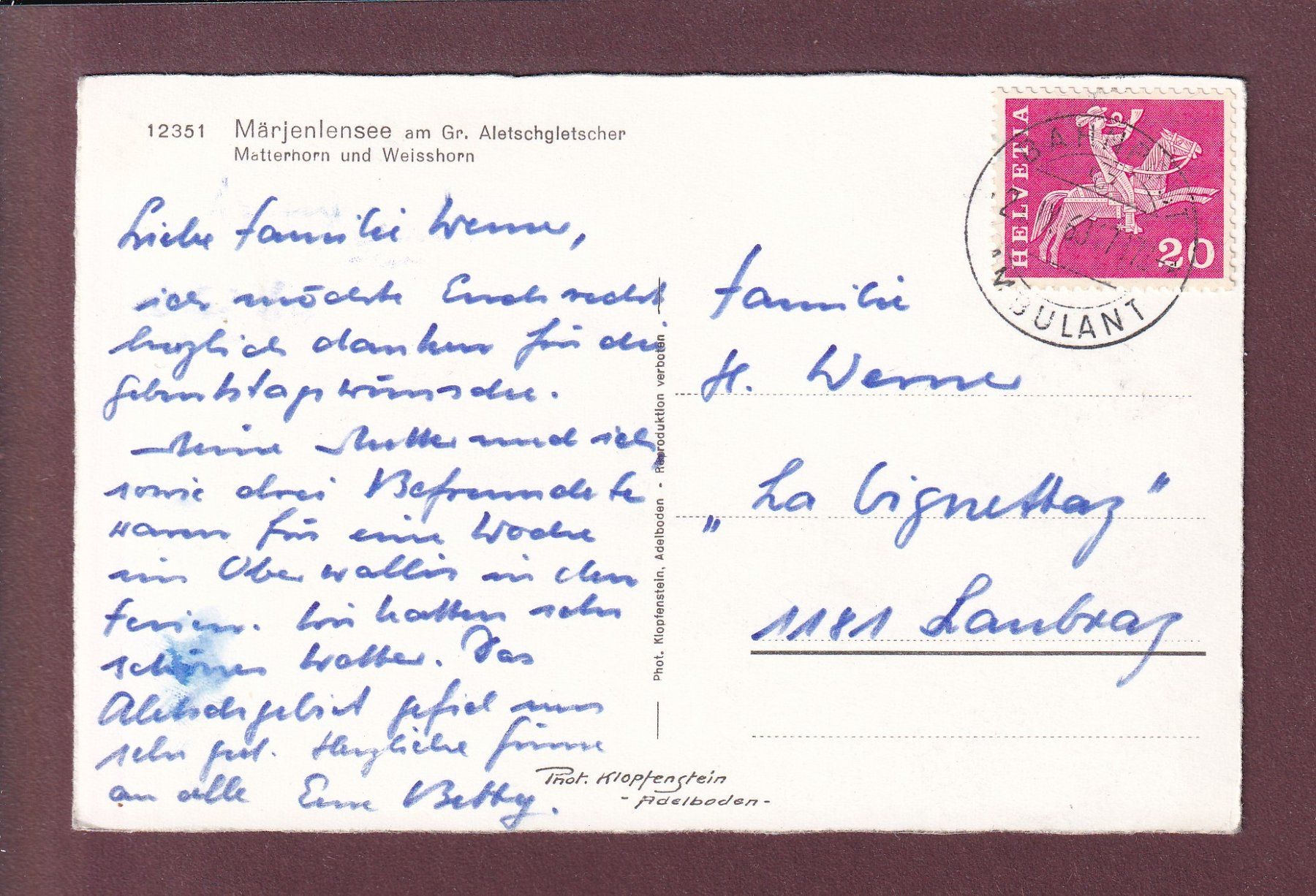 Cartoline postali: MÄRJELENSEE - Aletschgletscher - 1968 – Usato da Pully venduto da nicecards 1