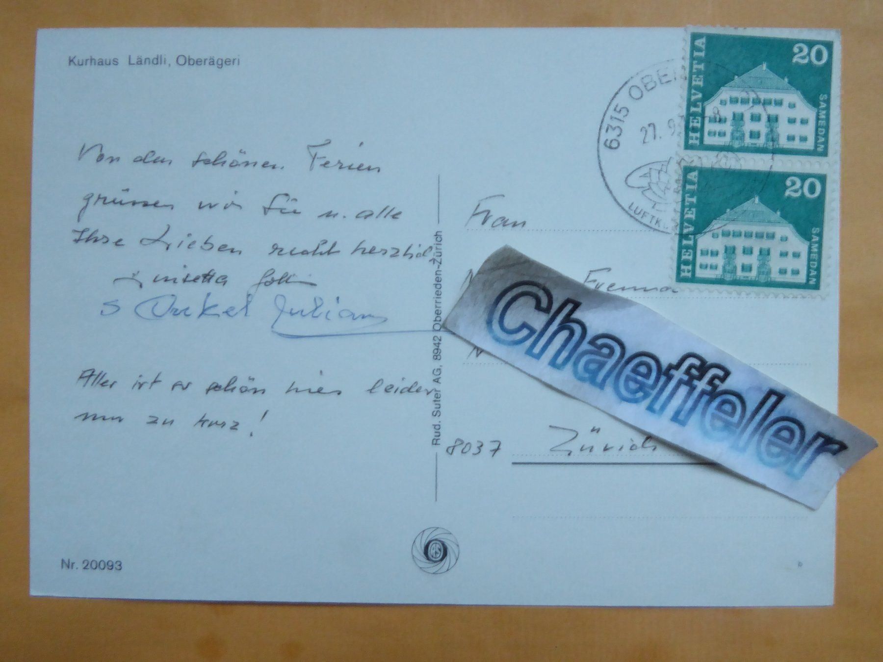 Ansichtskarten: 1977 Kurhaus Ländli, Oberägeri – Gebraucht aus Zürich von Chaeffeler 1