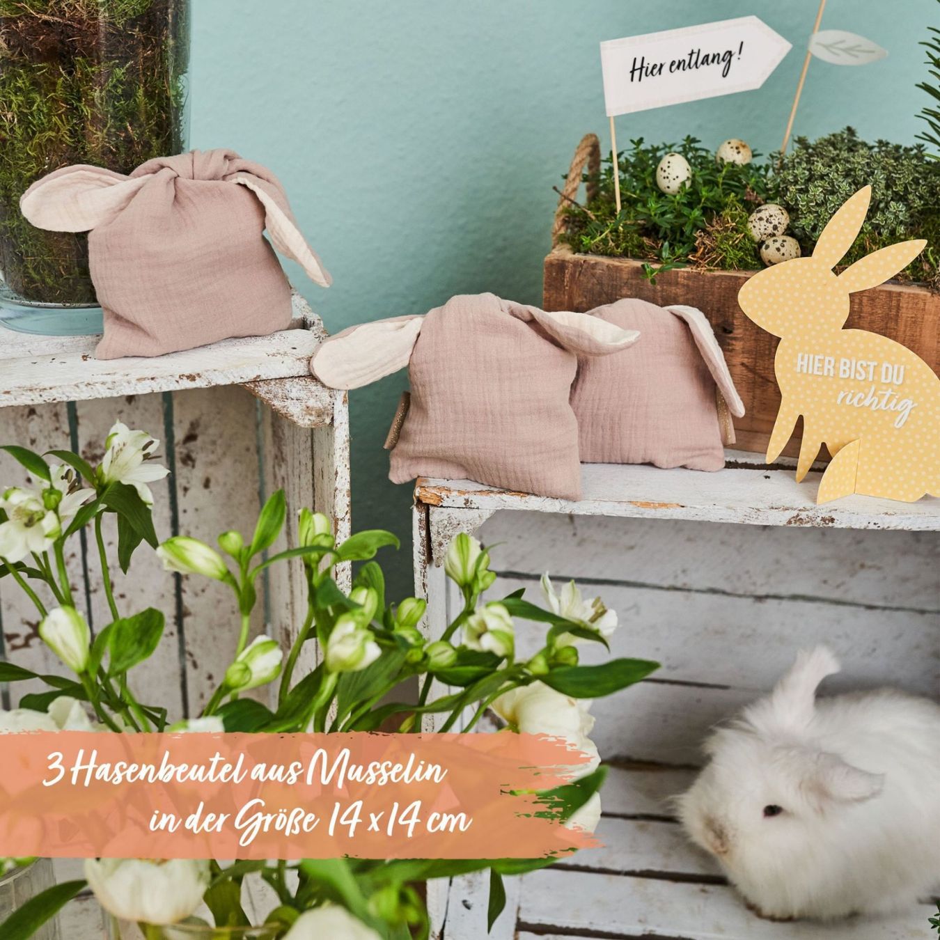 Alle Dekorationen: 3 Oster Hasenbeutel Musselin Beige – Neu und originalverpackt aus Walenstadt von Trend-24 1