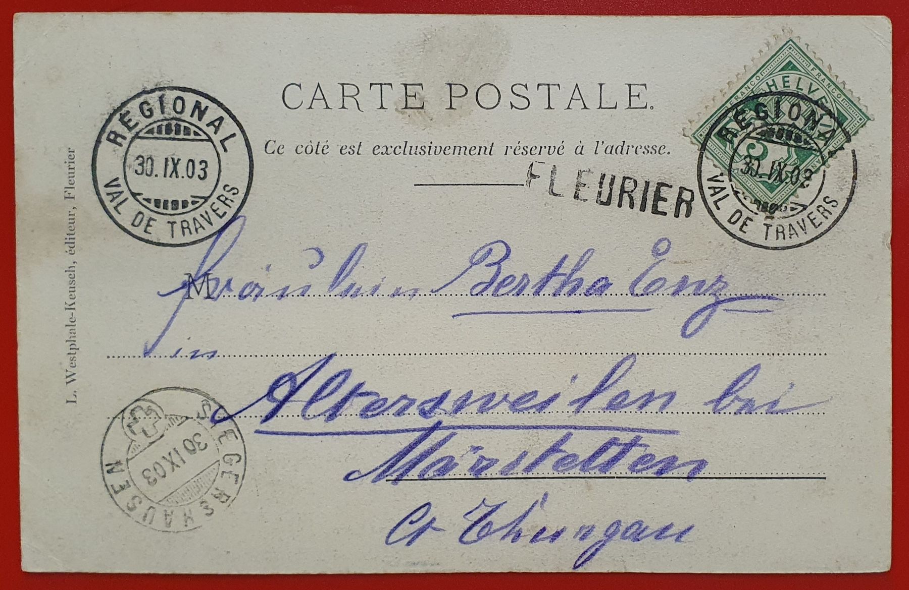 Ansichtskarten: Fleurier 1903 - Place de la gare, mit Bahnpoststempel – Gebraucht aus Kreuzlingen von Rschweiz1 1