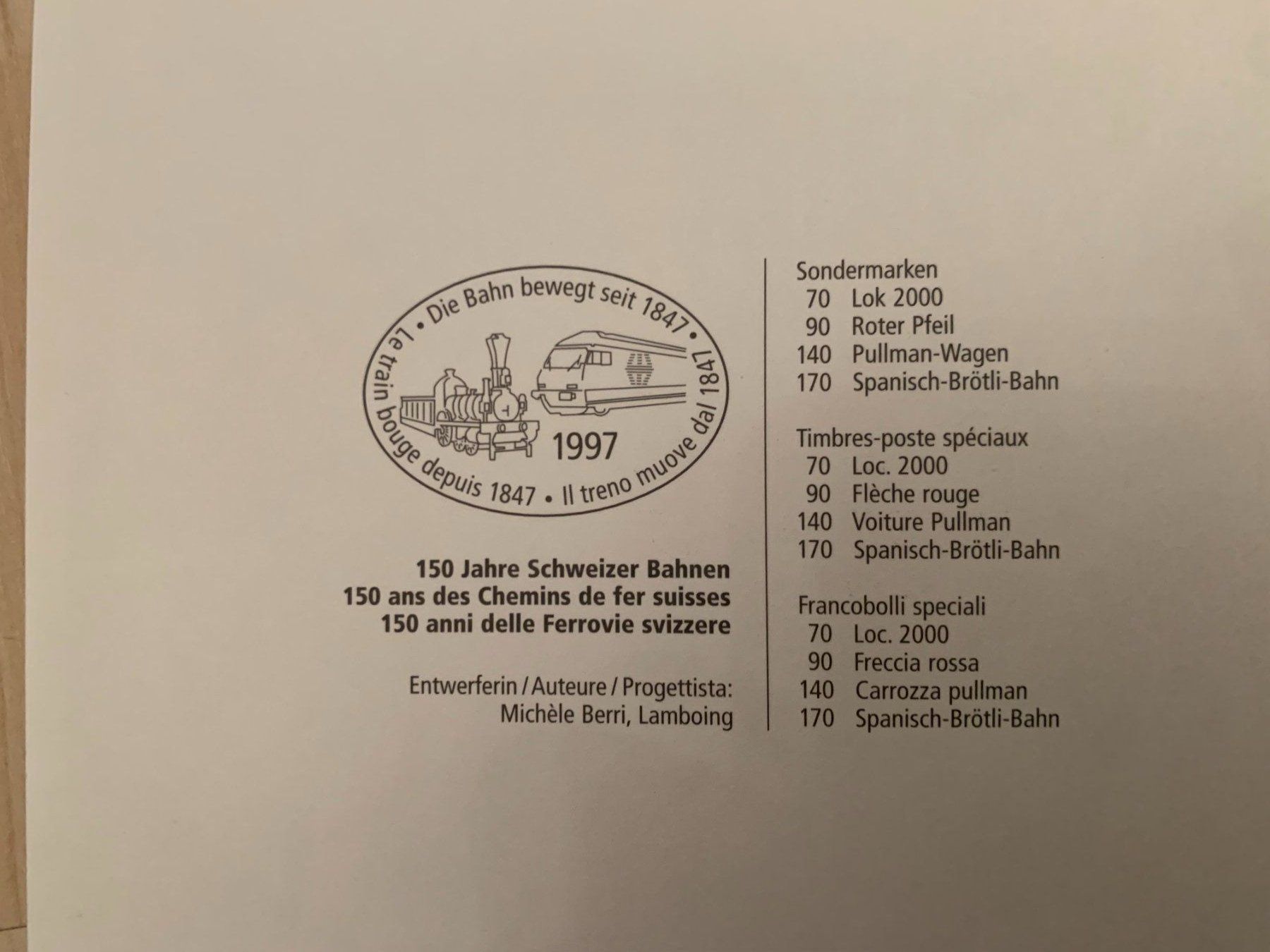 Tutti i francobolli: 150 Jahre Schweizer Bahnen 1997 – Nuovo (secondo la descrizione) da Landquart venduto da interesse63 3