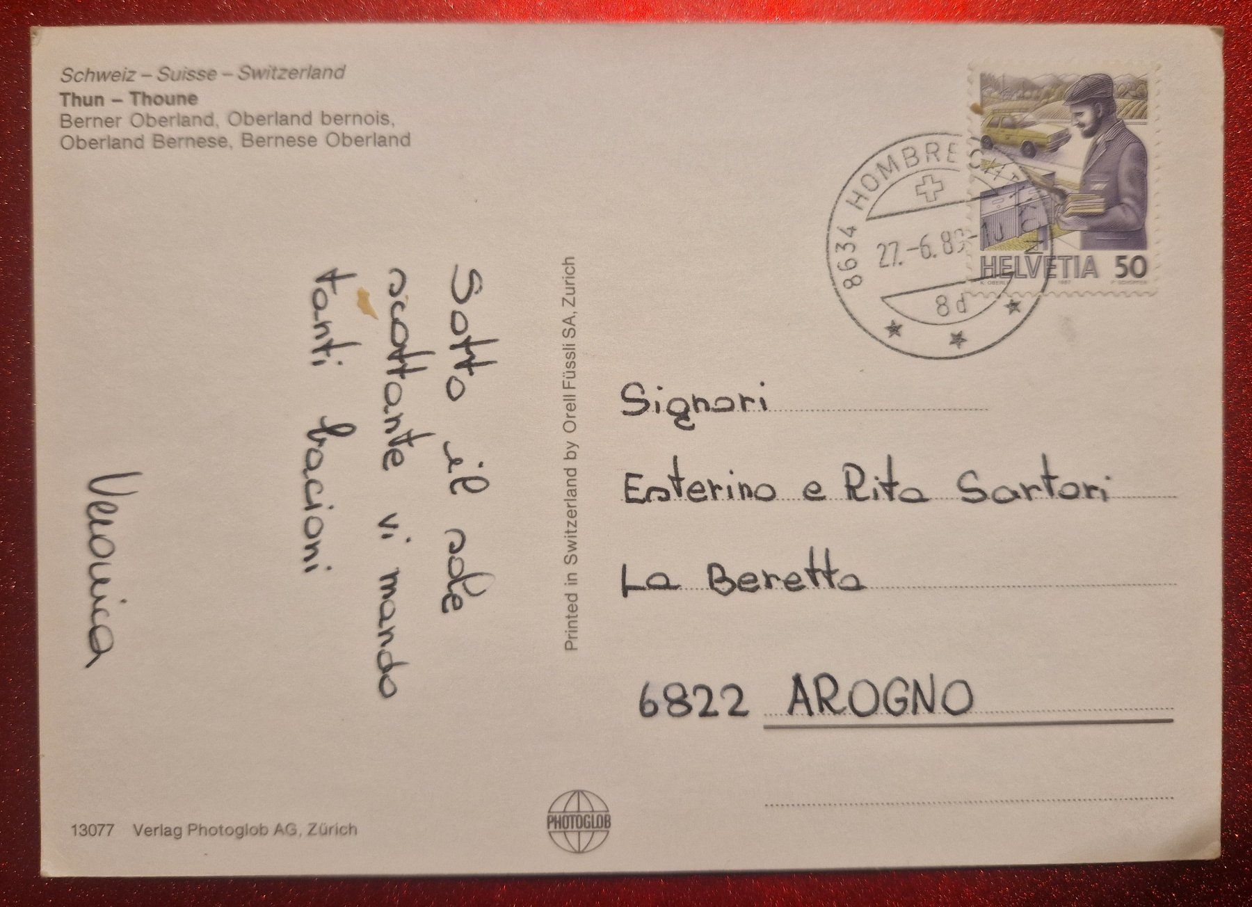 Cartoline postali: Thun, Berner Oberland 1989 – Usato da Melchnau venduto da Fishel 1