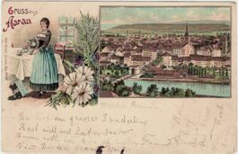 AG 125 Litho Aarau 2 Bilder 1898 Aargauerin mit Kaffeekanne
