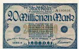Köln 20 Mil.Mark SerieB 24.08.1923 VZ+-VZ++