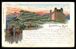 Litho Rigi, Ortsansicht mit Wanderern im