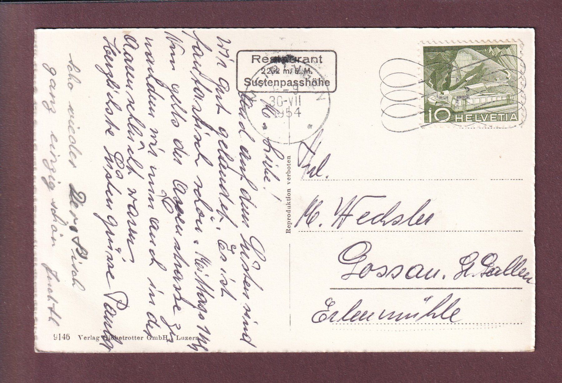 Cartoline postali: Neue SUSTENSTRASSE - Meiental - 1954 – Usato da Pully venduto da nicecards 1