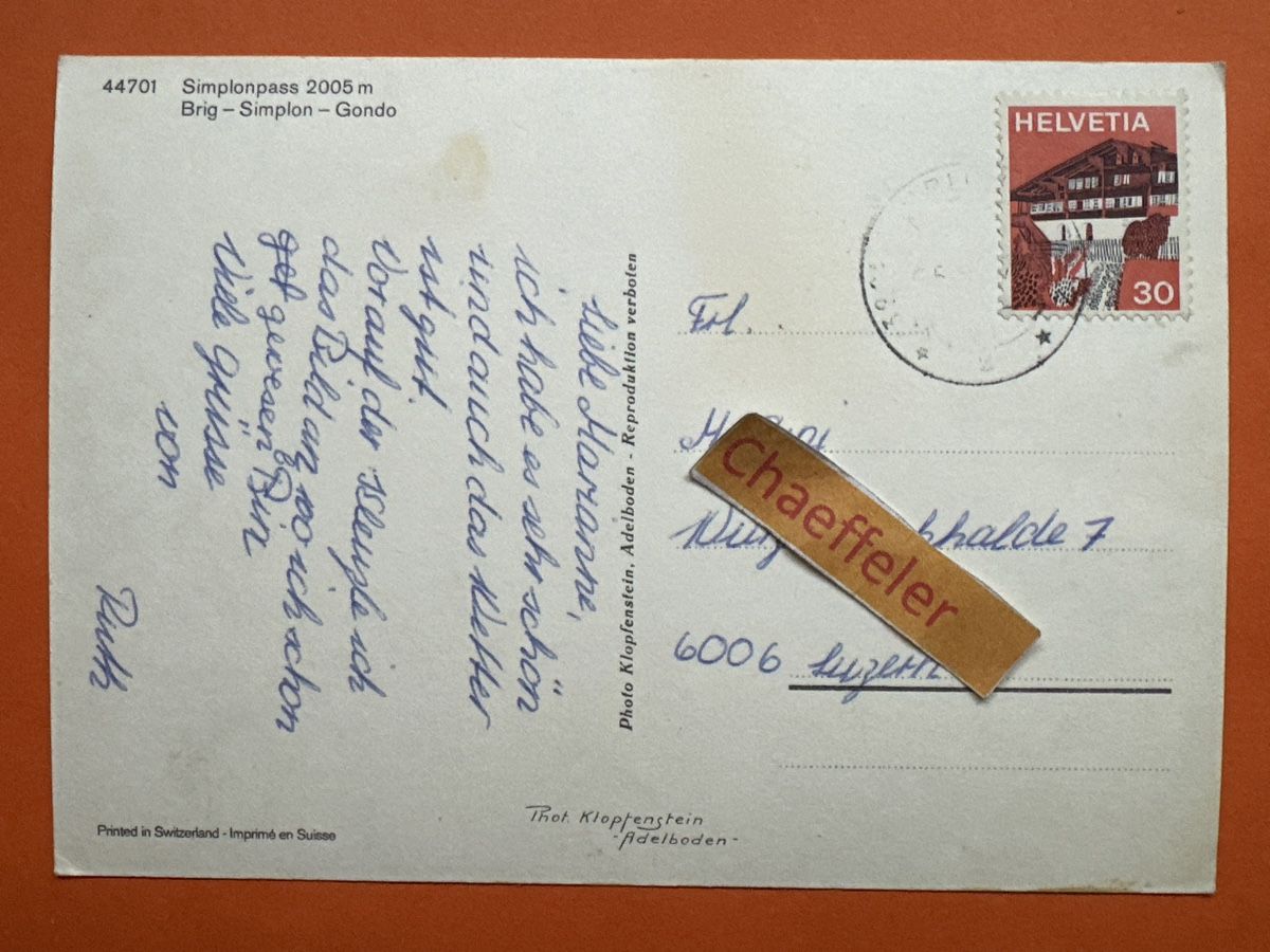 Ansichtskarten: Simplonpass – Gebraucht aus Zürich von Chaeffeler 1