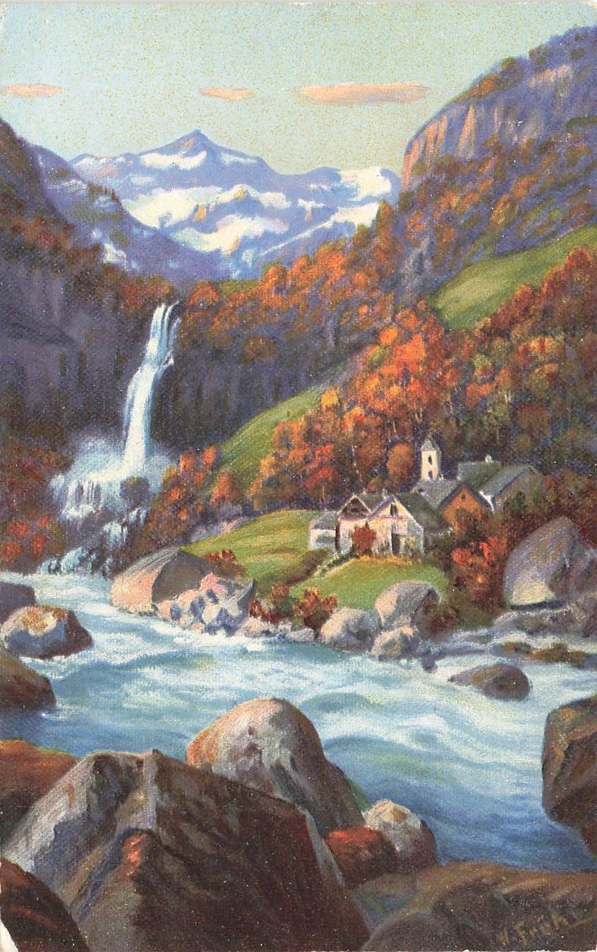 Cartoline postali: Foroglio TI Valle Bavona cascata e villaggio – Usato da Biasca venduto da Blenio71