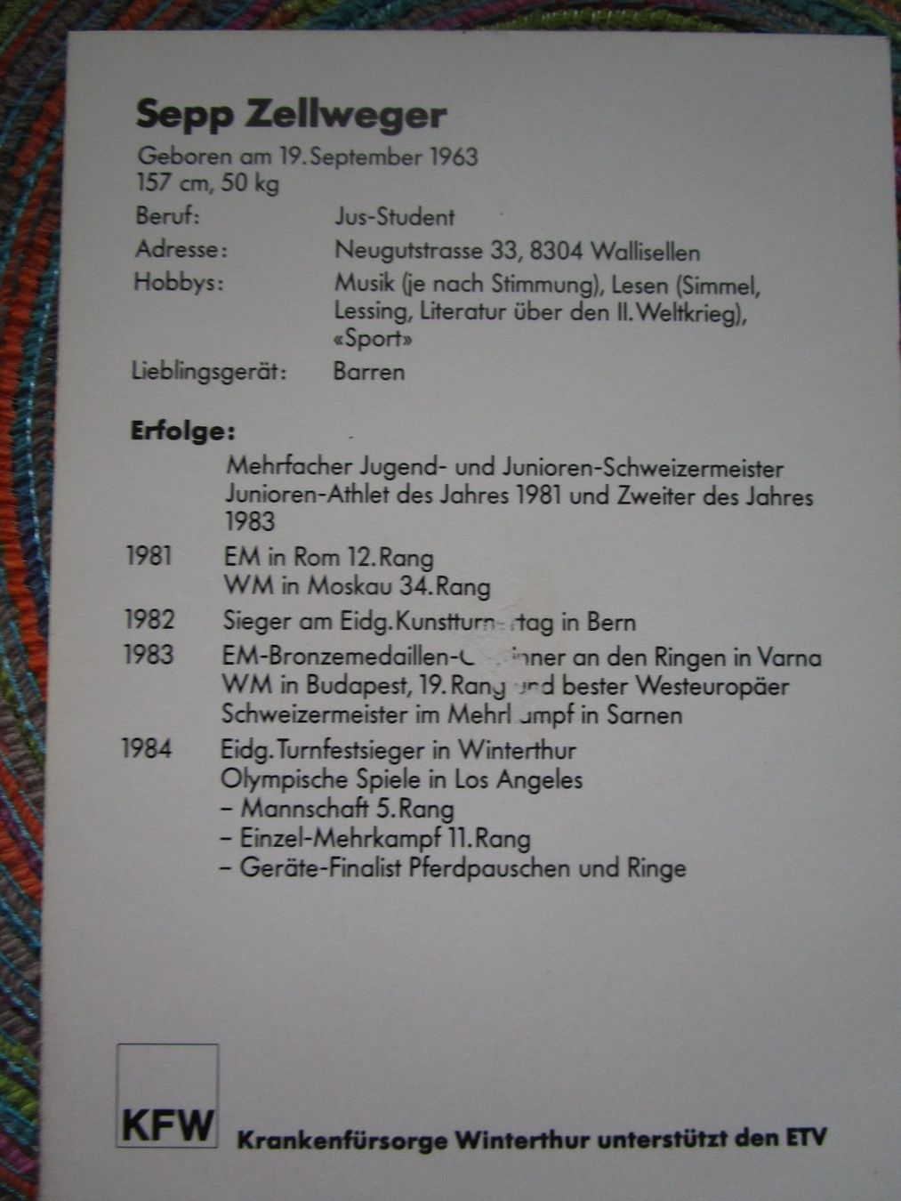 Autogramme: SEPP ZELLWEGER KUNSTTURNEN ORIGINAL AUTOGRAMM – Gebraucht aus GUTENSWIL von Alpina6 1