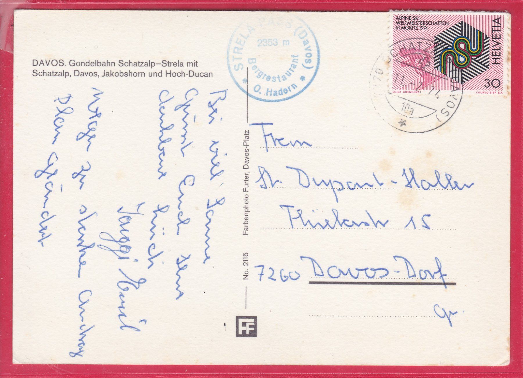 Cartoline postali: DAVOS, GONDELBAHN SCHATZALP - STRELA, 11.2.1974 – Usato da Oberrieden venduto da Gebirgsstelze 1
