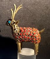 Figurine cerf, laiton, corail, turquoises, Népal-Tibet, 60s