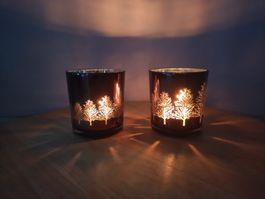 Deux photophores en verre motif forêt couleur miroir