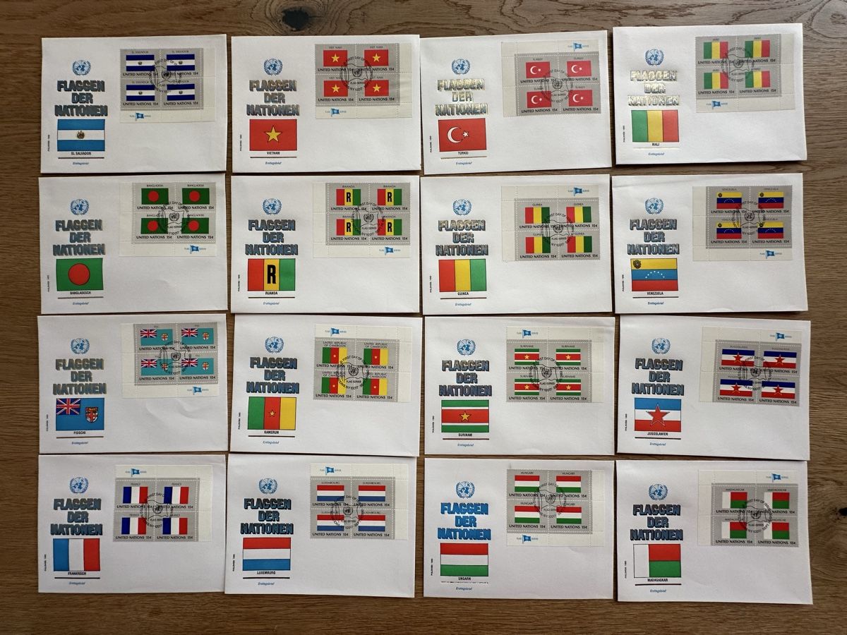 Alle Briefmarken: Nations Unies - 16x Flaggen FDC 4er Blocks – Gebraucht aus Schmitten / FR von Samsara169