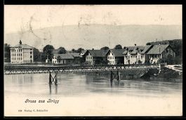 AK Brügg, Brücke und Häuser am Ufer