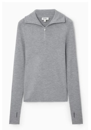 Grey COS Zip Neck Wool Ribbed Sweater - Size XS