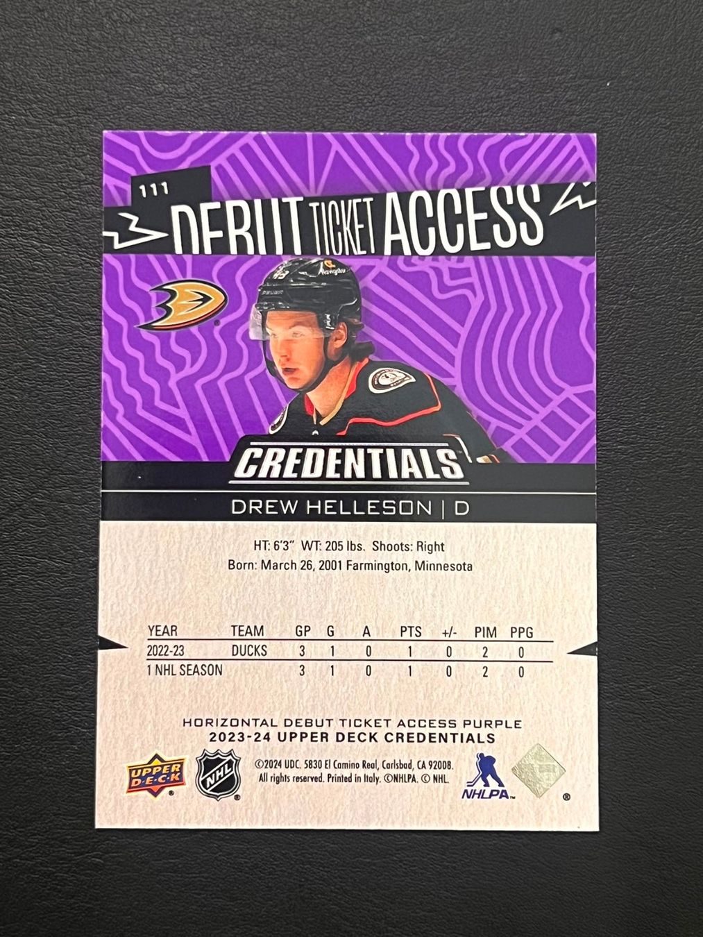 NHL Carte collezionabili: Drew Helleson 2023-24 Debut Ticket Access /10 Anaheim Ducks – Nuovo (secondo la descrizione) da Möhlin venduto da SwissHockeyCards 1