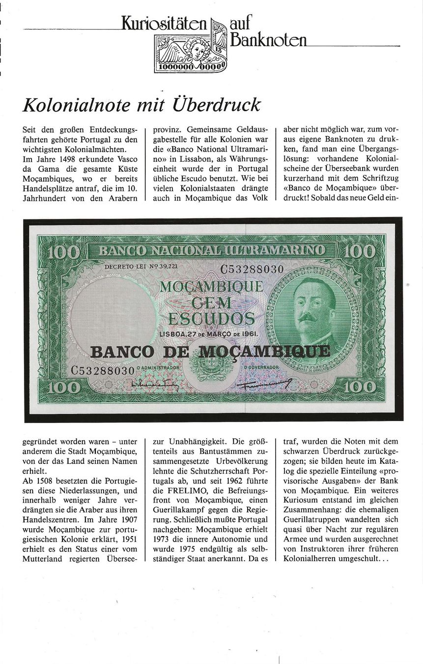 Banconote: Banknote Mocambique 1961 – Usato da Zürich venduto da Philacat11