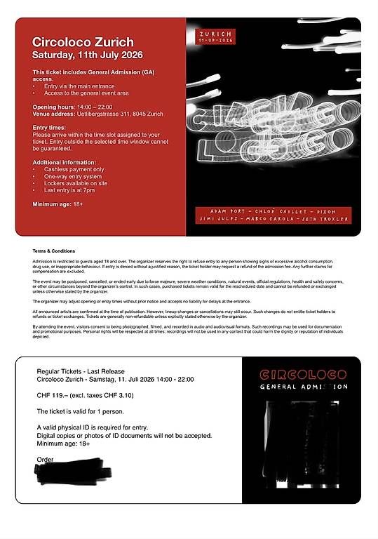 Biglietti: 1x Circoloco Ticket Zürich 11. juli – Nuovo e nell'imballaggio originale da Solothurn venduto da Leopold.s